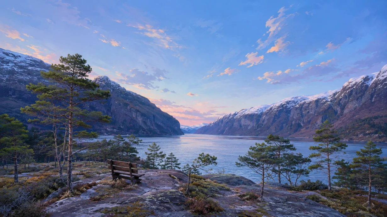 Górski fiord w Norwegii z ławką na skalistym brzegu.