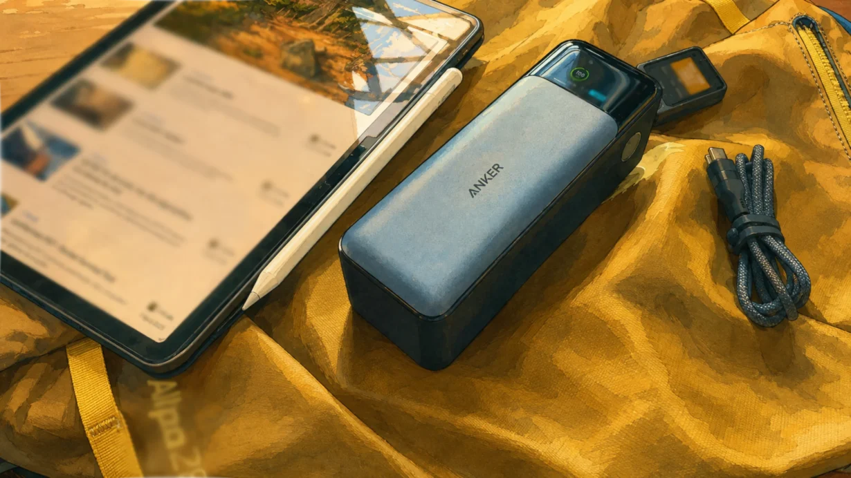 Powerbank Anker 737 z przewodem i tabletem podczas ładowania sprzętu.