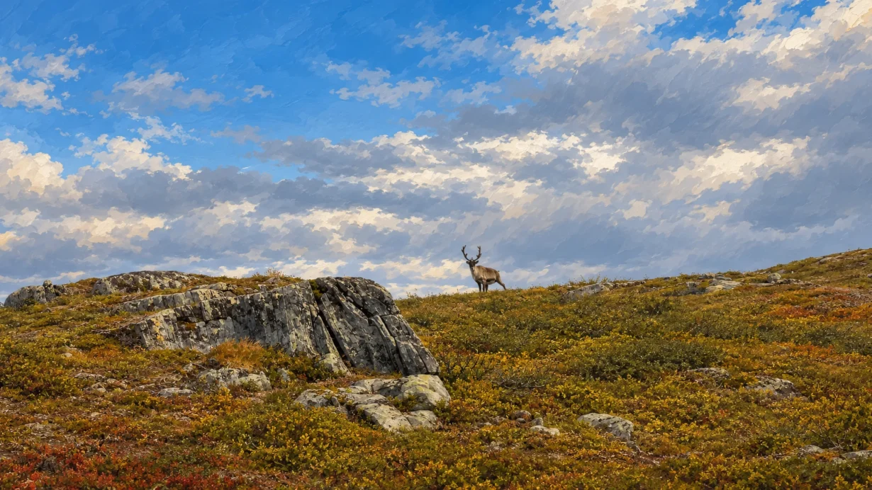Renifer na skalistym płaskowyżu na szlaku Kungsleden.