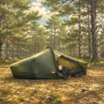 Namiot Fjällräven Abisko Lite 1 rozstawiony w sosnowym lesie.
