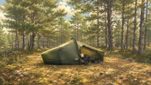 Namiot Fjällräven Abisko Lite 1 rozstawiony w sosnowym lesie.
