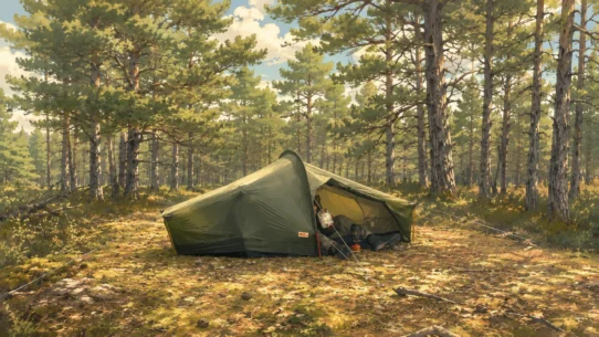 Namiot Fjällräven Abisko Lite 1 rozstawiony w sosnowym lesie.