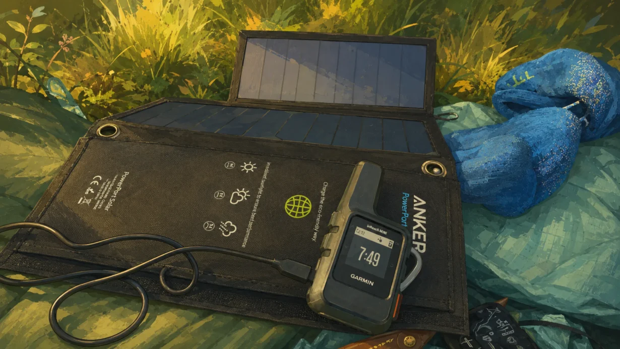 Garmin inReach Mini podłączony do panelu słonecznego podczas biwaku.