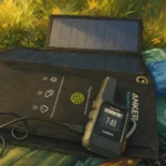 Garmin inReach Mini podłączony do panelu słonecznego podczas biwaku.