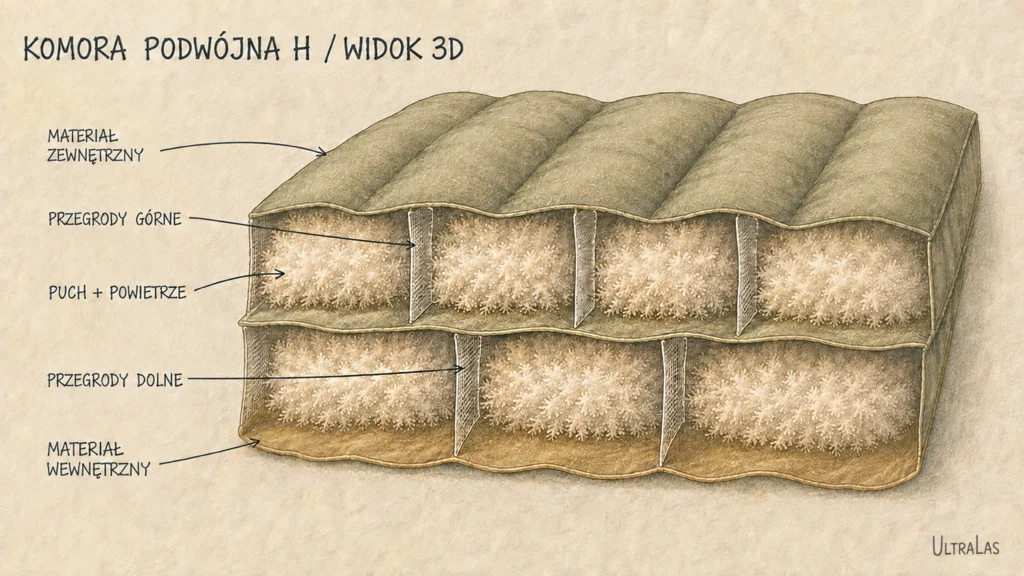 Schemat podwójnej komory puchowej typu H.
