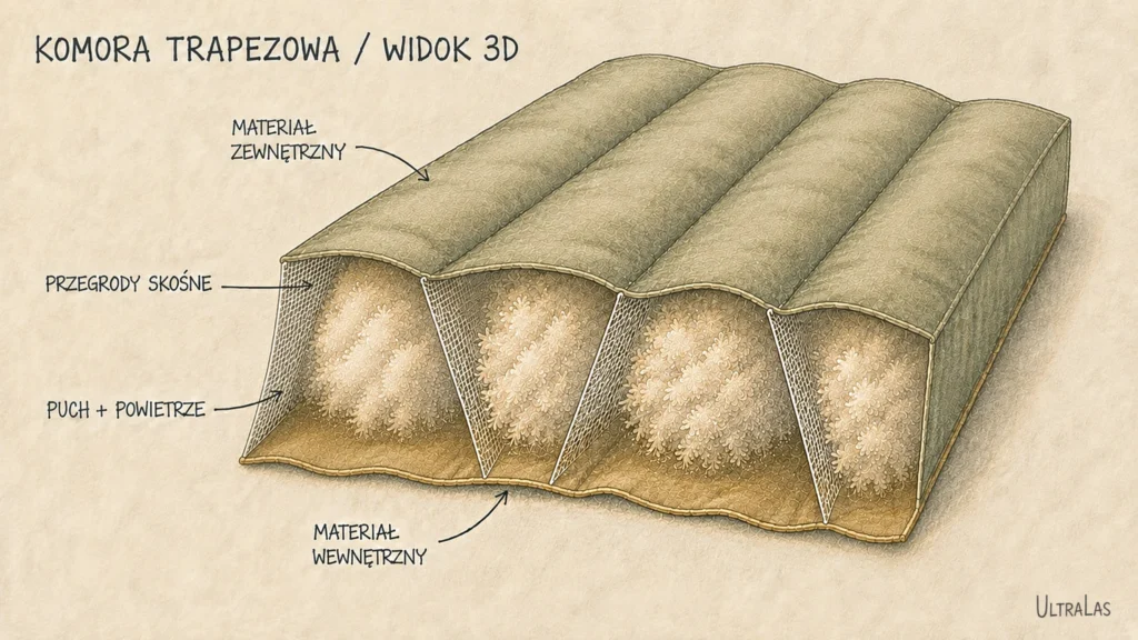 Schemat trapezowej komory puchowej z ukośnymi przegrodami.