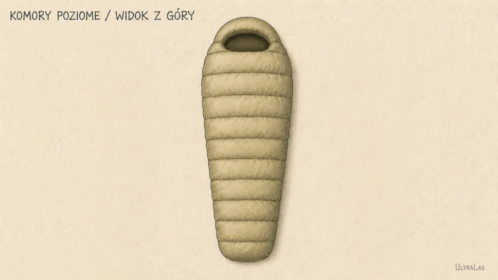 Schemat poziomych komór puchowych w śpiworze, widok z góry.