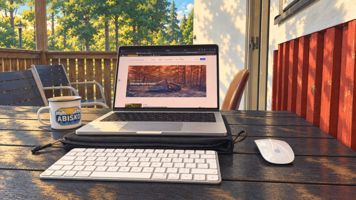 Strona UltraLas wyświetlona na laptopie stojącym na tarasie.